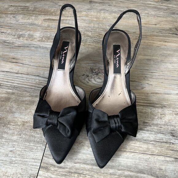 Y2K Kitten Heels 6.5 Black Bow Pointed Toe Vintage Nina New York - Picture 1 of 11